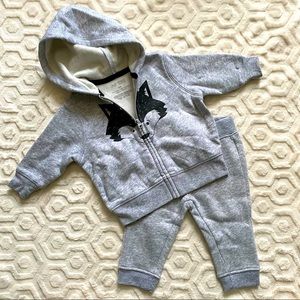 NWOT, 2 piece fleece outfit, 3M, wolf/husky.